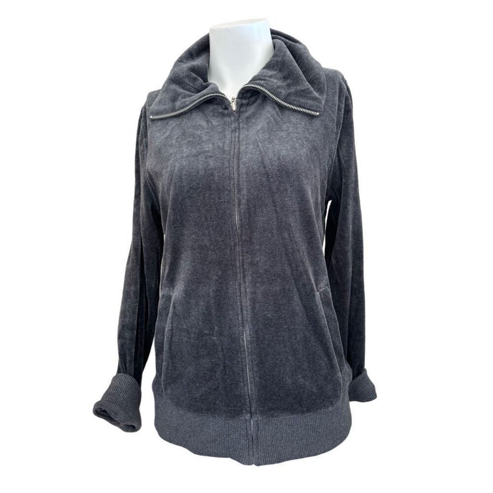 Jones New York Women's grey glam sport soft velvet plush zip up jacket sporty ou